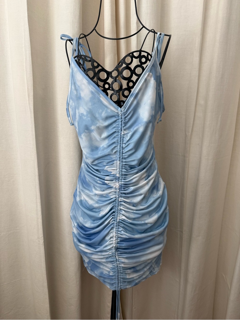 Fashion Nova Light Blue Tie-Dye Ruched Mini Dress